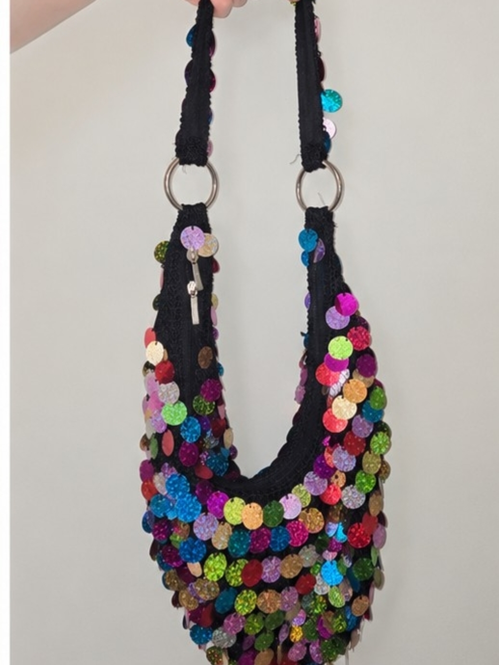 Black Shoulder Bag with Multicolor Sequin Discs